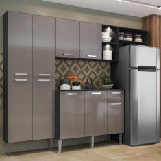 Cozinha Compacta c/ 2 Leds Armário e Balcão com Tampo Pequim Sun Multimóveis Preta/Lacca Fumê