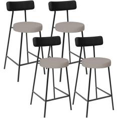 Kit 04 Banquetas Baixa Bar Cozinha Sala Jantar Milão L02 Couríssimo Preto Linho Bege - Lyam Decor