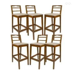 Kit 6 Banquetas Alta de Madeira para Bancada Grécia Amêndoa Linho Bege