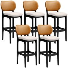 Kit 5 Banquetas Alta Betta Preto Whisky Linho Cru