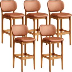 Kit 05 Banquetas Alta Para Cozinha Madeira Fixa Betta L02 Imbuia Couríssimo Camel - Lyam Decor