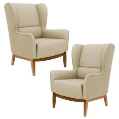 Kit 2 Poltronas Base Manu Madeira Milena C-129 Linho Bege Escuro - Domi