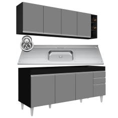 Armário Aéreo Nevada e Balcão Gabinete 180cm Com Pia Dallas Preto/Cinza - Lumil