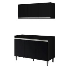 Balcão De Cozinha Manu Com Tampo 120 Cm E Armário Aéreo Andréia Preto Fosco - Ajl