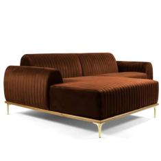 Sofá 3 Lugares com Chaise Base de Madeira Euro 245 cm Veludo Telha - G