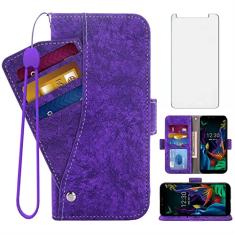 Asuwish Capa carteira compatível com LG K20 2019 e protetor de tela de vidro temperado, suporte de cartão, suporte de suporte, acessórios de celular, capa flip de couro para celular LM-X120BMW,