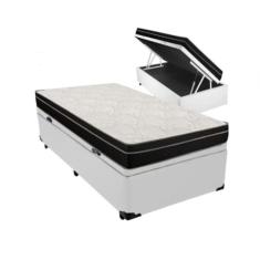 Cama Box Baú Solteiro 88 Tecido Branco Com Colchão Paris De Molas Preto 66x88x188