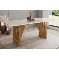 Mesa Para Cozinha Adriana Sc46 + Tampo Madeirado Vidro Curvo 200x80cm Nature-off White - Henn