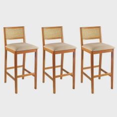 Kit 3 Banquetas Rattan com Pés em Madeira Maciça Ariel
