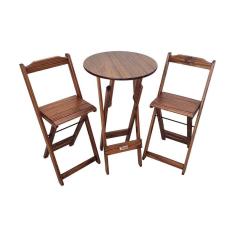 Mesa Bistrô Dobrável De Madeira Redonda Com 2 Banquetas Imbuia - Tarimatã