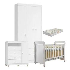 Quarto de Bebê 3 Portas Ternura Baby com Berço Mirelle Branco Brilho c