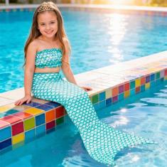 Fantasia de Sereia Infantil Com Cauda e Top Azul Piscina de Carnaval -