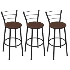 Kit 3 Banquetas Altas Preta com Encosto Assento Marrom