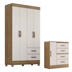Guarda Roupa Solteiro 4 Portas e Cômoda 4 Gavetas e 1 Porta Lite Nature Off White - Móveis Leão