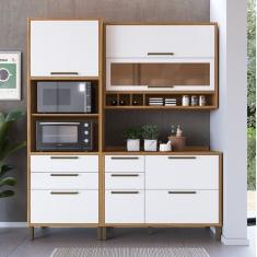 Cozinha Compacta 194cm Com 3 Peças Vidro Reflecta E Torre Quente 100% Mdf Vicenza Espresso Móveis Amêndoa-branco