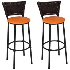 Kit 2 Banquetas Altas Preta com Encosto Junco Argila Assento Laranja