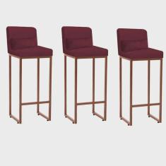 Kit 03 Banqueta Alta com Encosto Lucca Industrial Cozinha Balcão Ferro Bronze Suede Bordô e Almofada Bordô - Ahazzo Móveis