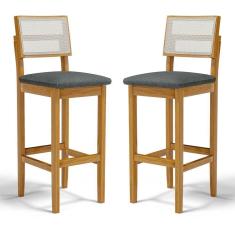 Kit Com 2 Banqueta Aline Madeira Maciça Assento Estofado Encosto De Telinha Linho Chumbo 406