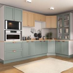 Cozinha Modulada 9 Peças com Tampo 1 Torre 4 Aéreos 4 Balcões Arizona Cabecasa Madeiramadeira Figueira/Menta