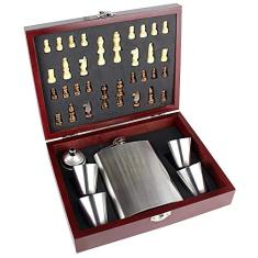 Kit Cantil Porta Bebidas Inox Com Maleta Tabuleiro De Xadrez Cor:Prata