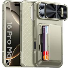 Capa carteira para iPhone 16 Pro Max, suporte para cartão (4 cartões), capas de câmera rebocada, proteção de nível militar, capa resistente à prova de choque com suporte durável para iPhone 16 Pro Max