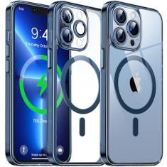 Flyzoo Capa transparente híbrida magnética para iPhone 13 Pro - [Compatível com MagSafe] [Protetor de câmera embutido] [Não amarela] Capa de telefone traseira rígida transparente com borda de silicone