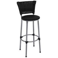 Banqueta Média Prata com Encosto Junco Preto Assento Preto