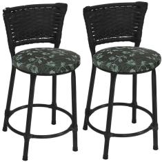 Kit 2 Banquetas Baixas Preta com Encosto Junco Preto Assento Estampado