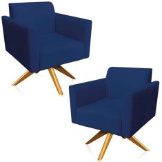 Kit 02 Poltronas Base Giratória Madeira Suede Azul Marinho