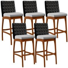 Kit 5 Banquetas Altas Mila B04 Madeira Estofado Linho Cinza Preto Lyam Decor