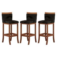 Kit 3 Banquetas Alta Encosto Estofado 38x102 Cm Paris Madeira Maciça Castanho Suede CCS