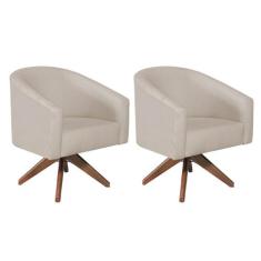 kit 02 Poltronas Luiza Base Giratória de Madeira Linho Bege - Doce Son