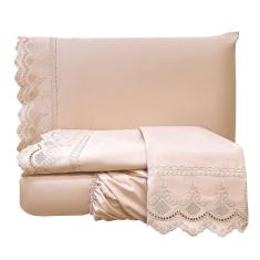 Jogo De Cama Lençol Realce Queen 4 Peças Percal 300 Fios Bordado Inglês Macio - Rosê