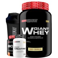 Kit Giant Whey Morango 900g + Power Creatina 100g + BCAA 100g + Coqueteleira - Bodybuilders