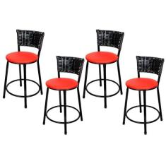 Jogo 4 Banqueta Baixa Para Cozinha Hawai Preto Assento Vermelho - Lama