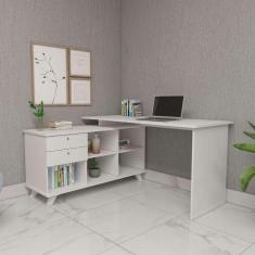 Escrivaninha Mesa Em L Escritório Com Gavetas E Nichos Gold Branco