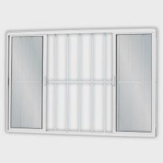 Janela de Alumínio de Correr 100x100cm 4 Folhas 2 Fixas com Grade e Vidro Liso Linha Soft mgm