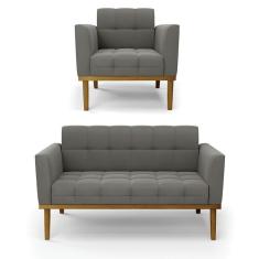 Namoradeira Com Poltrona Base De Madeira Castanho Elisa Suede D03 - D\`rossi Cor Grafite