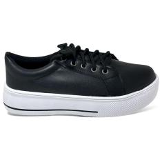 Tênis Feminino Preto Liso Flatform Detalhe Listra-Feminino