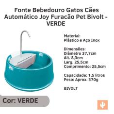 Fonte Bebedouro Gatos Cães Automático Joy Furacão Pet VERDE