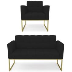 Sofá Namoradeira E 1 Poltrona Base Industrial Dourado Ana Linho Preto - Ibiza
