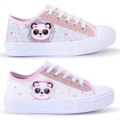 Kit 2 Tênis Infantil Feminino Panda Glitter Cano Baixo - Lukys, Cinza,