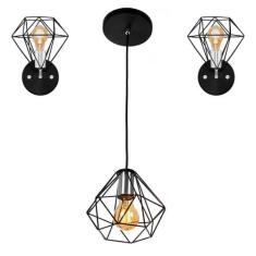 Kit 1 Pendente Aramado + 2 Arandelas Diamante Aramado Preto