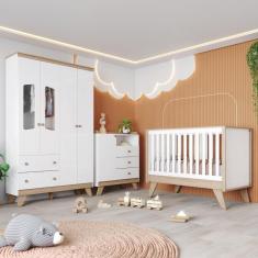 Quarto de Bebê Completo Berço 3 em 1 com Guarda Roupa 4 Portas e Cômoda Retrô Theo Espresso Móveis Branco/Jequitibá HP