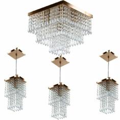 Kit 1 Lustre Cristal Acr. Sweet + 3 Pendentes Spark Cobre - MARRYLUZ