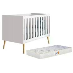 Berço Americano Theo Branco Fosco Com Pés Madeira Natural E Colchão D18 - Reller Móveis Branco Fosco