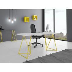 Escrivaninha Bela Vista Cavalete Tampo Branco Base Ferro Amarelo - NEW