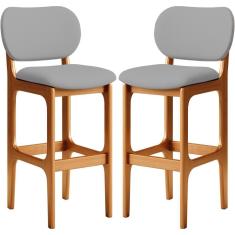 Kit 02 Banquetas Alta Para Cozinha Madeira Fixa Betta L02 Imbuia Corano Cinza - Lyam Decor