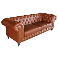 Sofá 3 Lugares Sala de Estar 235cm Chesterfield Duo Couro Conhaque Bri