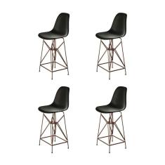 Kit 4 Banquetas Bistrô Alta Eames Preta Base Ferro Cobre - Cor: Preto